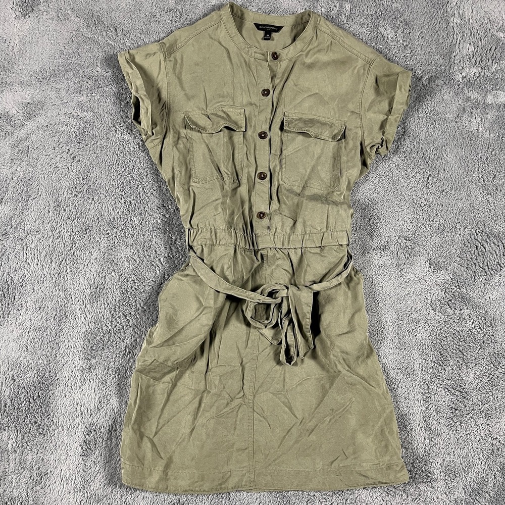 Banana Republic Shirt Dress Women Medium Green Utility Belted Waist Button Front